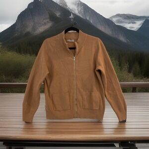 READ Women Sz L Beige Sweater Mock Neck Full Zip Evolution by Cyrus Pocket Nice